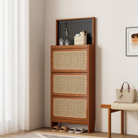 Rattan Shoe Cabinet With 3 Flip Drawers & Pegboard - Narrow Entryway Shoe Storage Organizer, Hidden Storage, 24.88" Wide, 65" Tall