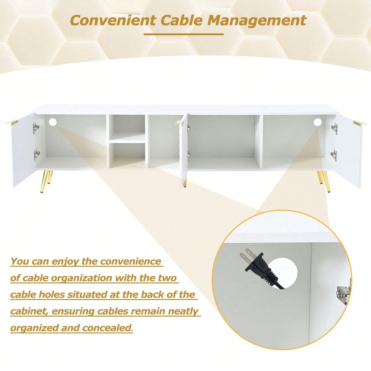 Geometric TV Stand with Storage and Cable Management for TVs Up to 80 Inches Gold Accents Modern Entertainment Center