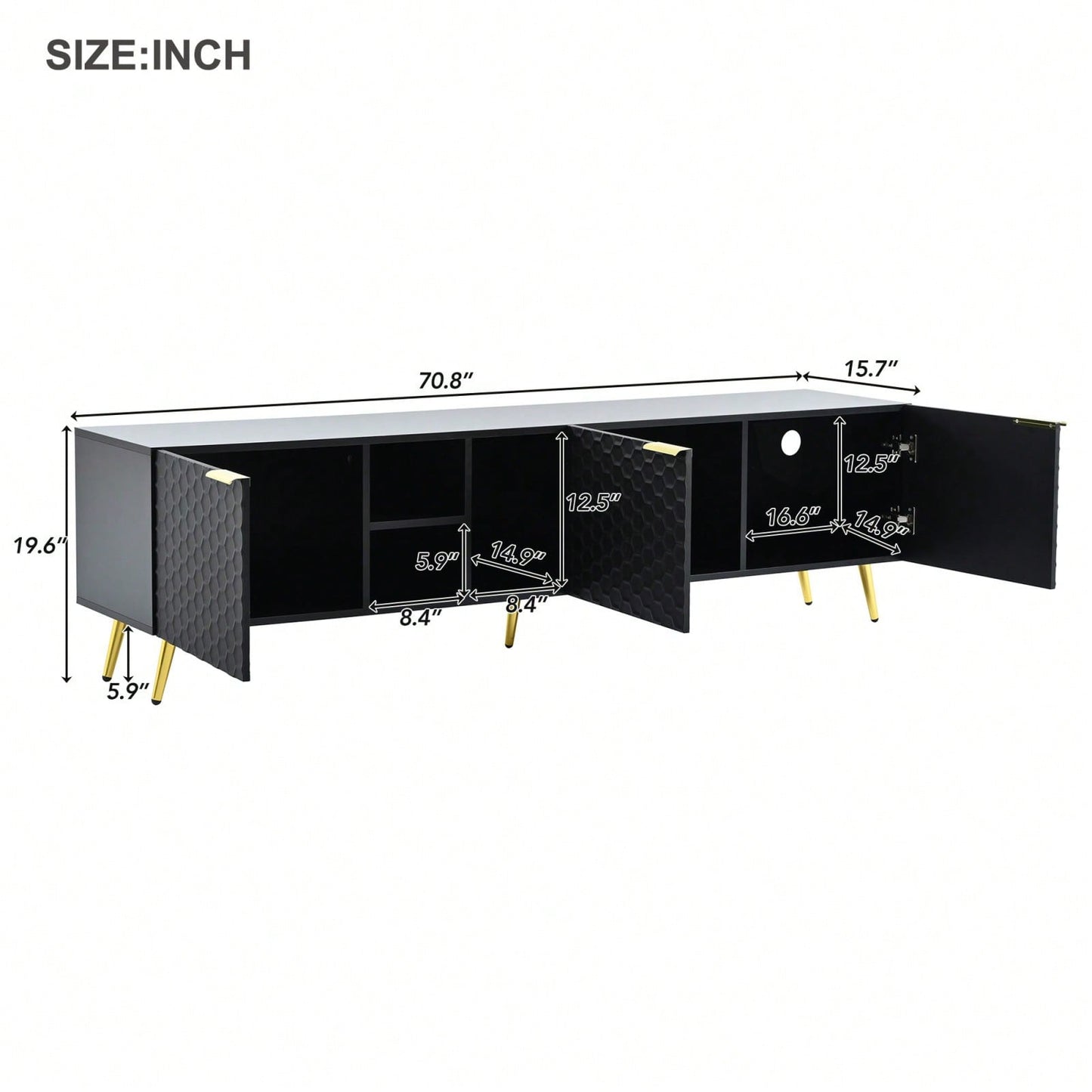 Geometric TV Stand with Storage and Cable Management for TVs Up to 80 Inches Gold Accents Modern Entertainment Center