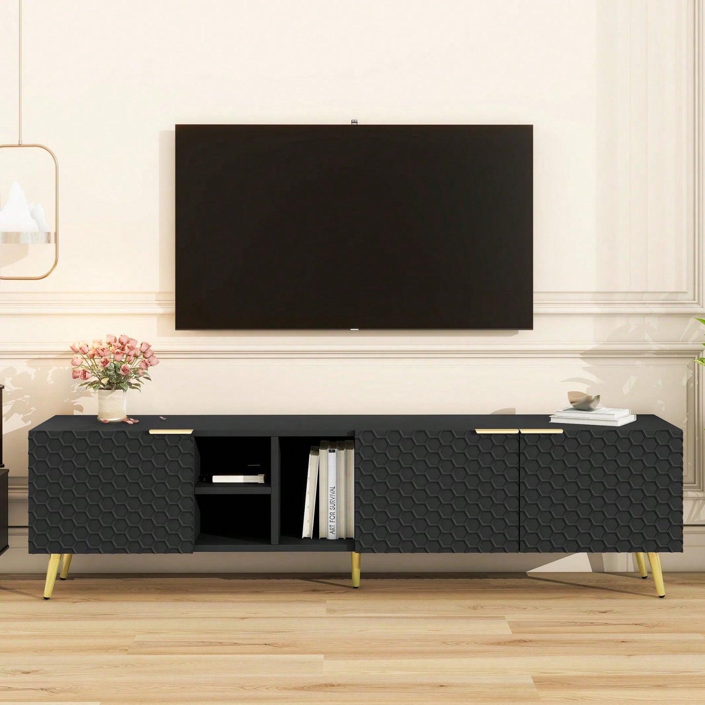 Geometric TV Stand with Storage and Cable Management for TVs Up to 80 Inches Gold Accents Modern Entertainment Center