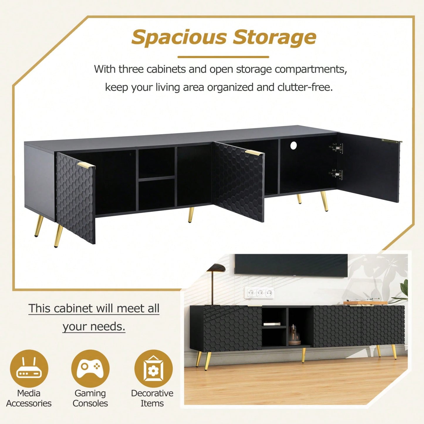 Geometric TV Stand with Storage and Cable Management for TVs Up to 80 Inches Gold Accents Modern Entertainment Center