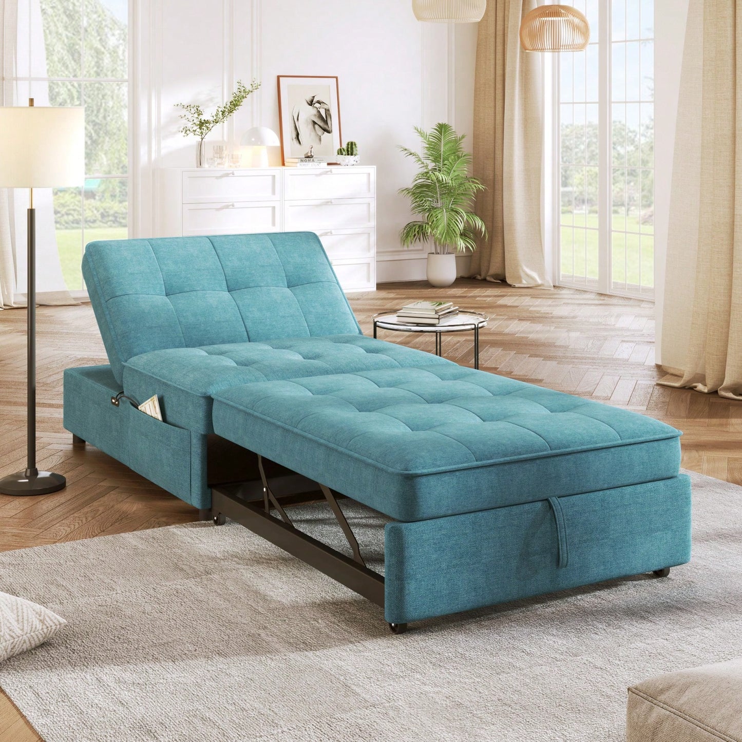 4-in-1 Linen Sofa Bed Chair with USB Port and Storage Adjustable Backrest for Small Spaces