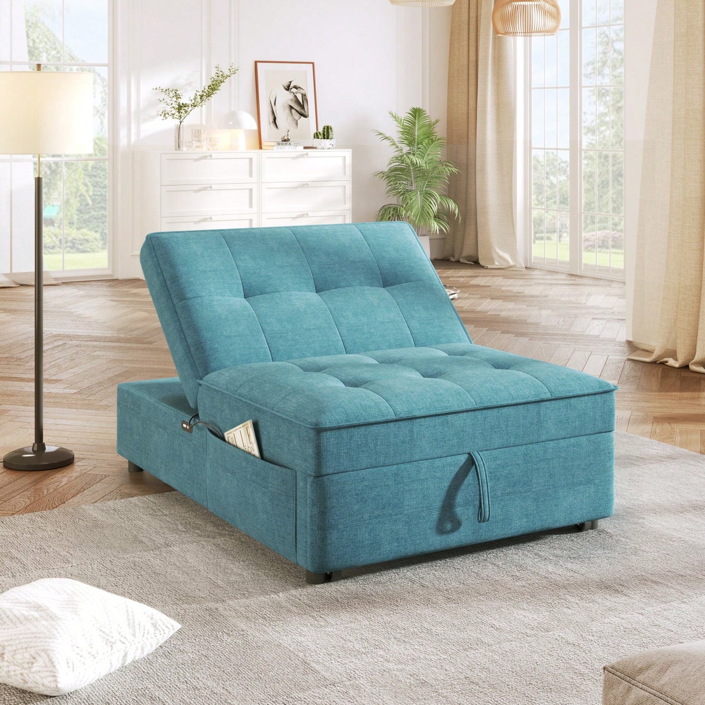 4-in-1 Linen Sofa Bed Chair with USB Port and Storage Adjustable Backrest for Small Spaces