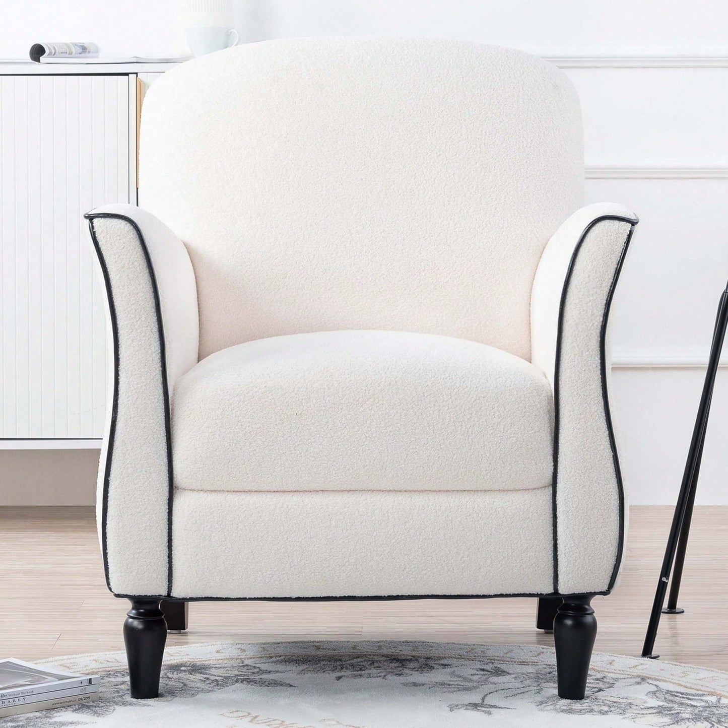 Ergonomic Curved Back Modern Accent Chair Upholstered Armchair with Wooden Legs for Living Room Bedroom Office