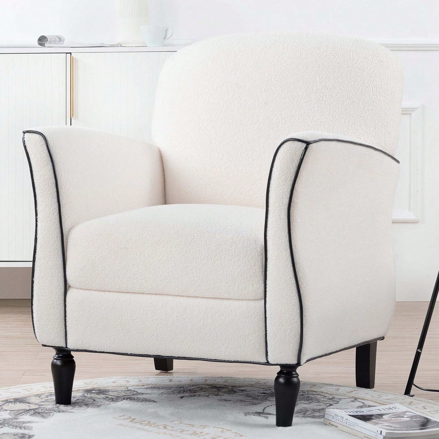 Ergonomic Curved Back Modern Accent Chair Upholstered Armchair with Wooden Legs for Living Room Bedroom Office