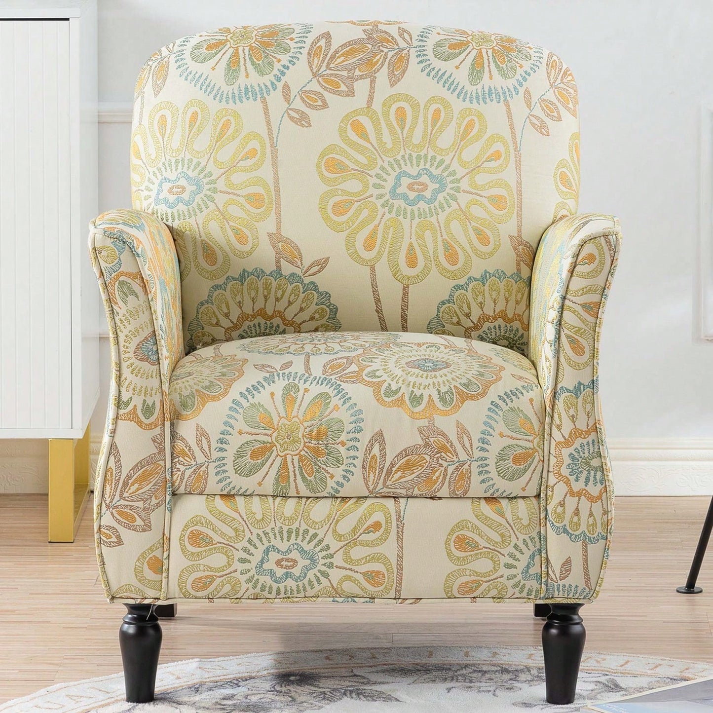 Ergonomic Curved Back Modern Accent Chair Upholstered Armchair with Wooden Legs for Living Room Bedroom Office