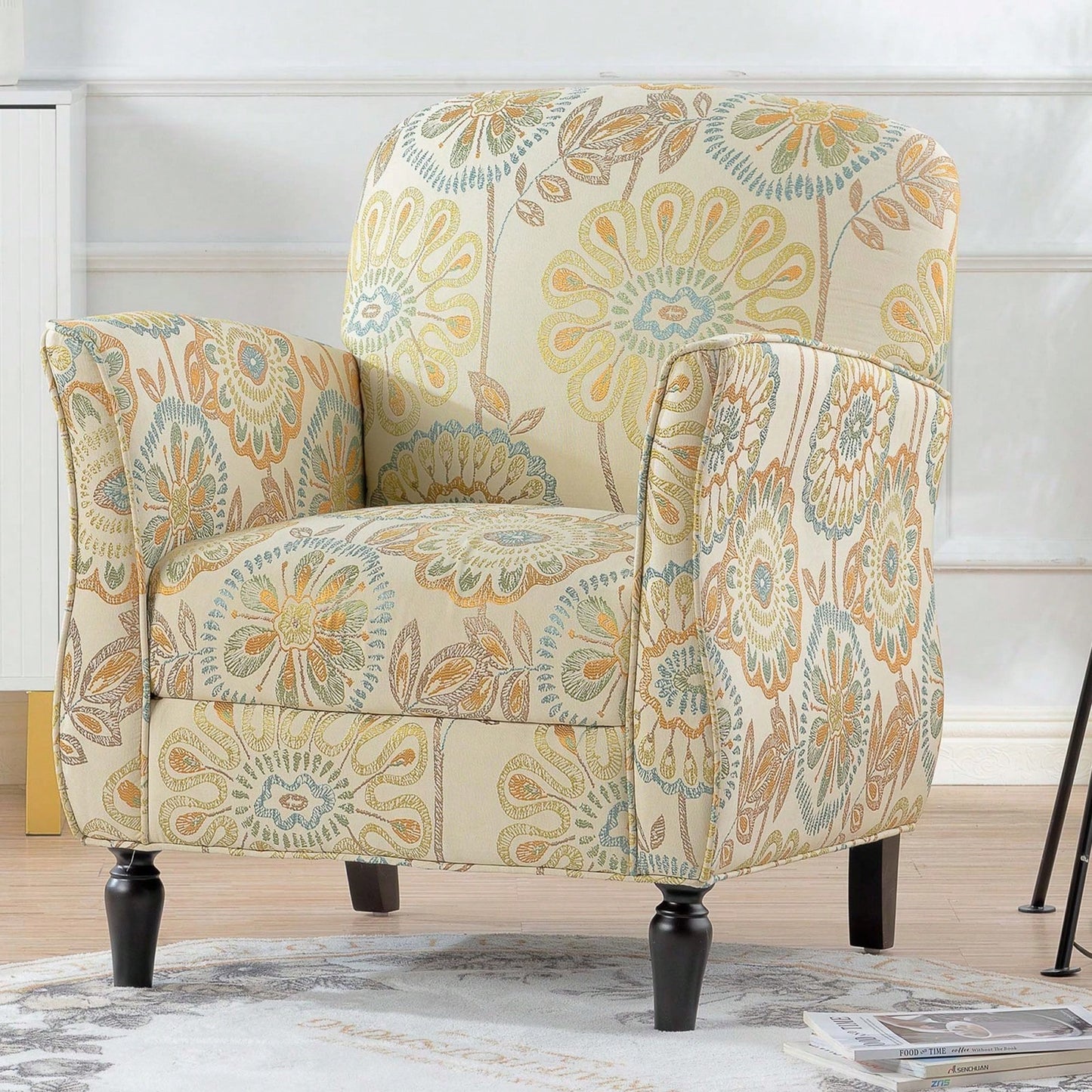 Ergonomic Curved Back Modern Accent Chair Upholstered Armchair with Wooden Legs for Living Room Bedroom Office