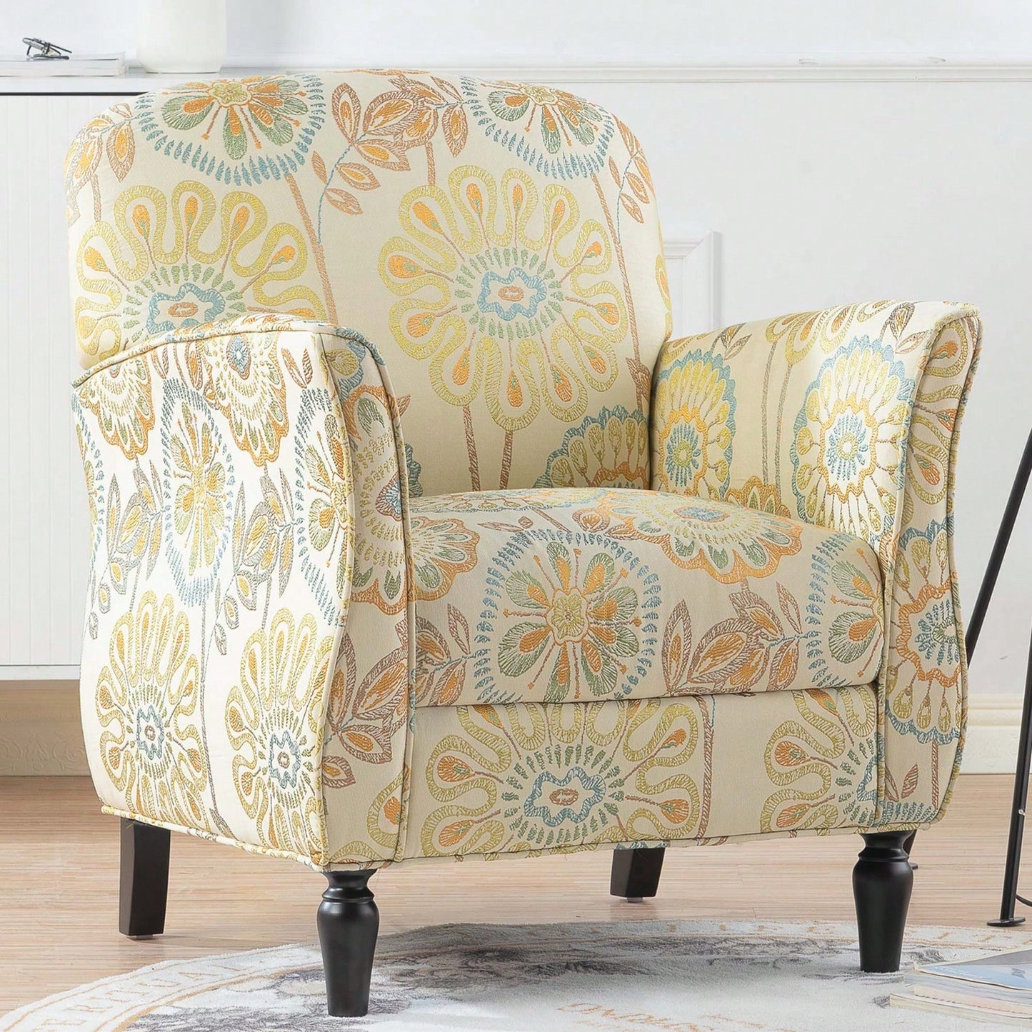 Ergonomic Curved Back Modern Accent Chair Upholstered Armchair with Wooden Legs for Living Room Bedroom Office