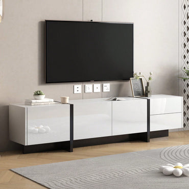 Sleek High Gloss Modern TV Stand for Up to 80 Inch TVs with Storage Drawers and Cabinets for Living Room or Bedroom