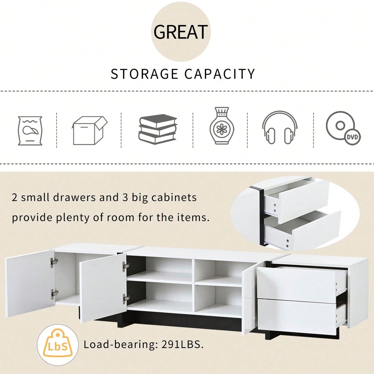 Sleek High Gloss Modern TV Stand for Up to 80 Inch TVs with Storage Drawers and Cabinets for Living Room or Bedroom