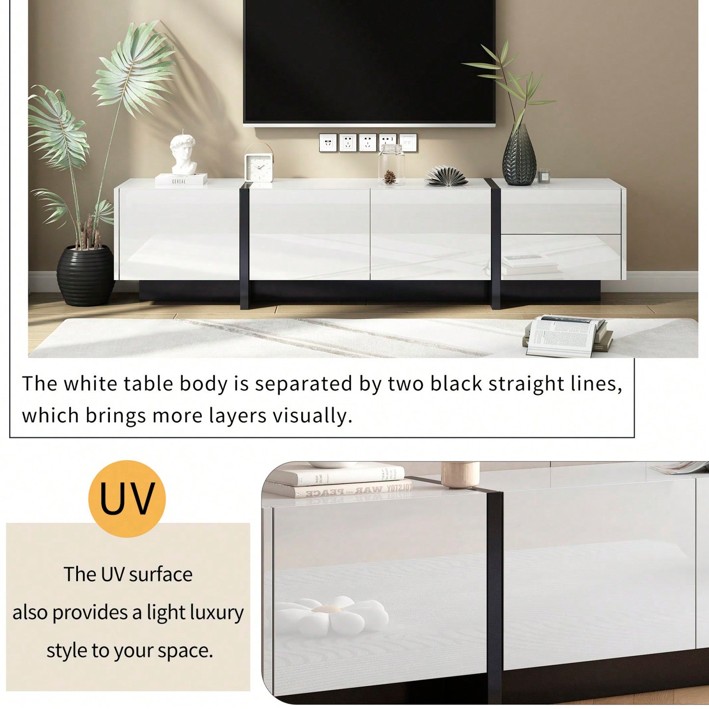 Sleek High Gloss Modern TV Stand for Up to 80 Inch TVs with Storage Drawers and Cabinets for Living Room or Bedroom