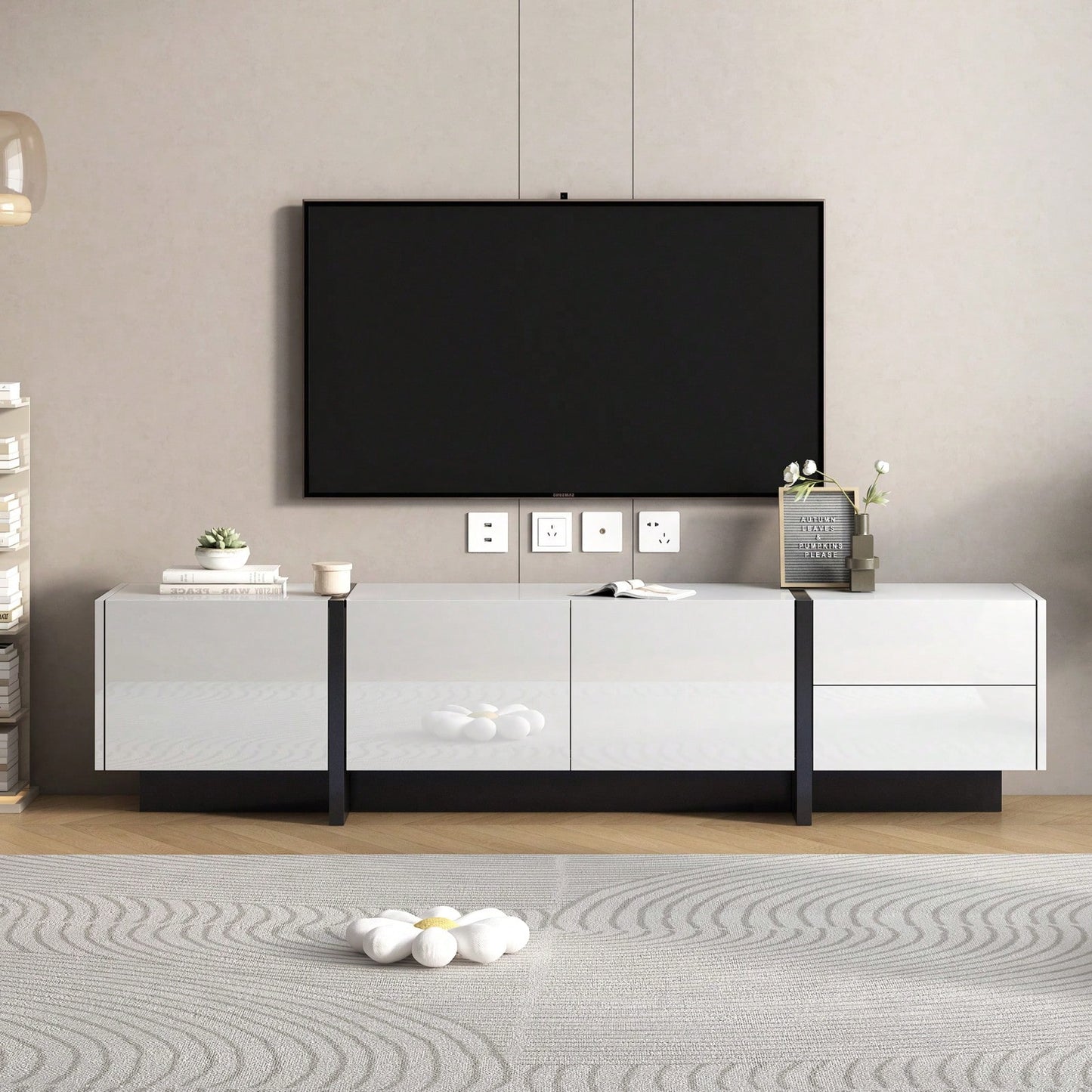 Sleek High Gloss Modern TV Stand for Up to 80 Inch TVs with Storage Drawers and Cabinets for Living Room or Bedroom