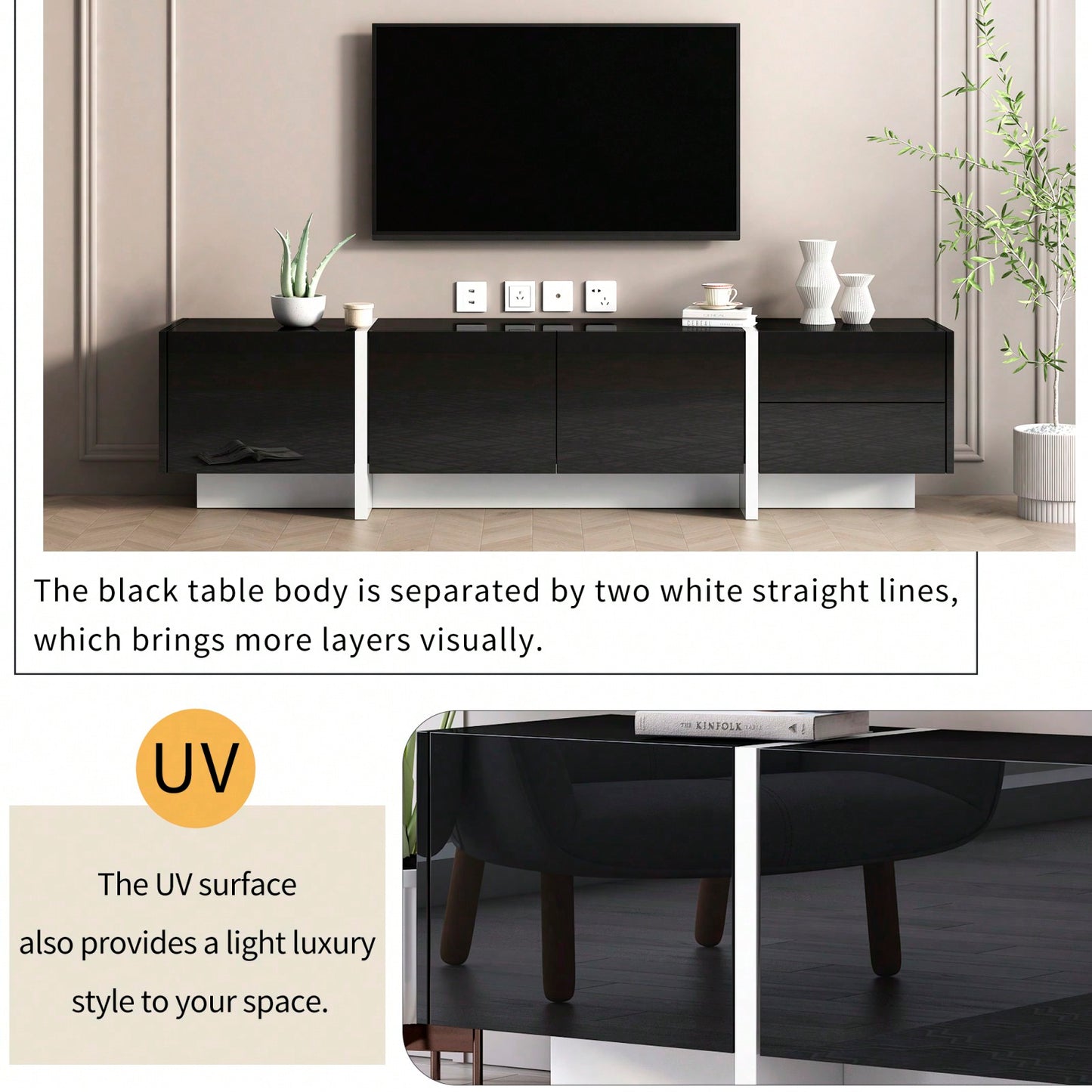 Sleek High Gloss Modern TV Stand for Up to 80 Inch TVs with Storage Drawers and Cabinets for Living Room or Bedroom