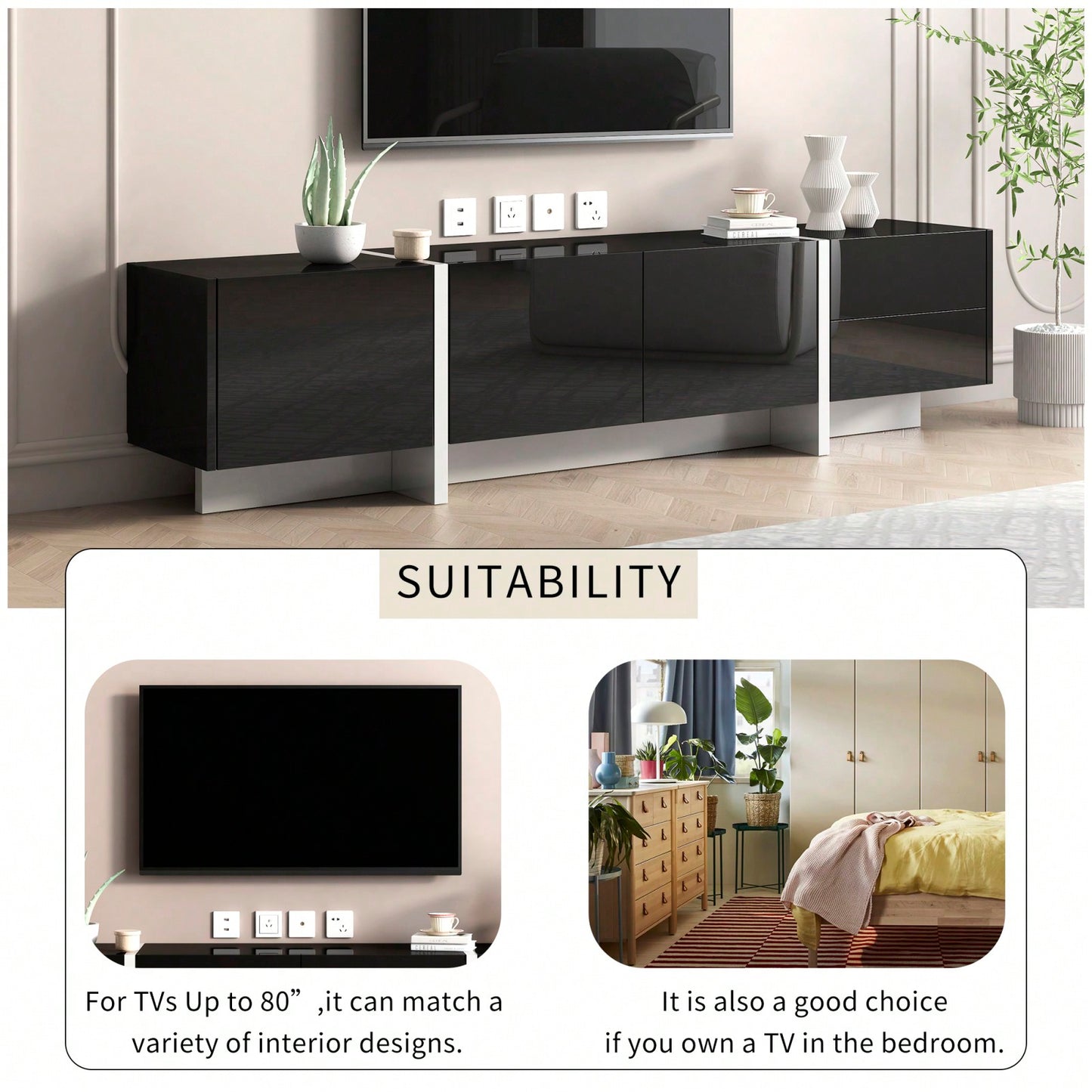 Sleek High Gloss Modern TV Stand for Up to 80 Inch TVs with Storage Drawers and Cabinets for Living Room or Bedroom