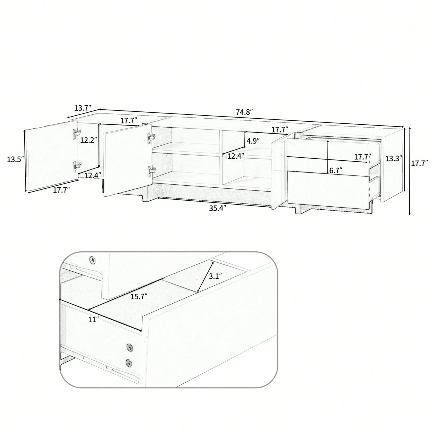 Sleek High Gloss Modern TV Stand for Up to 80 Inch TVs with Storage Drawers and Cabinets for Living Room or Bedroom