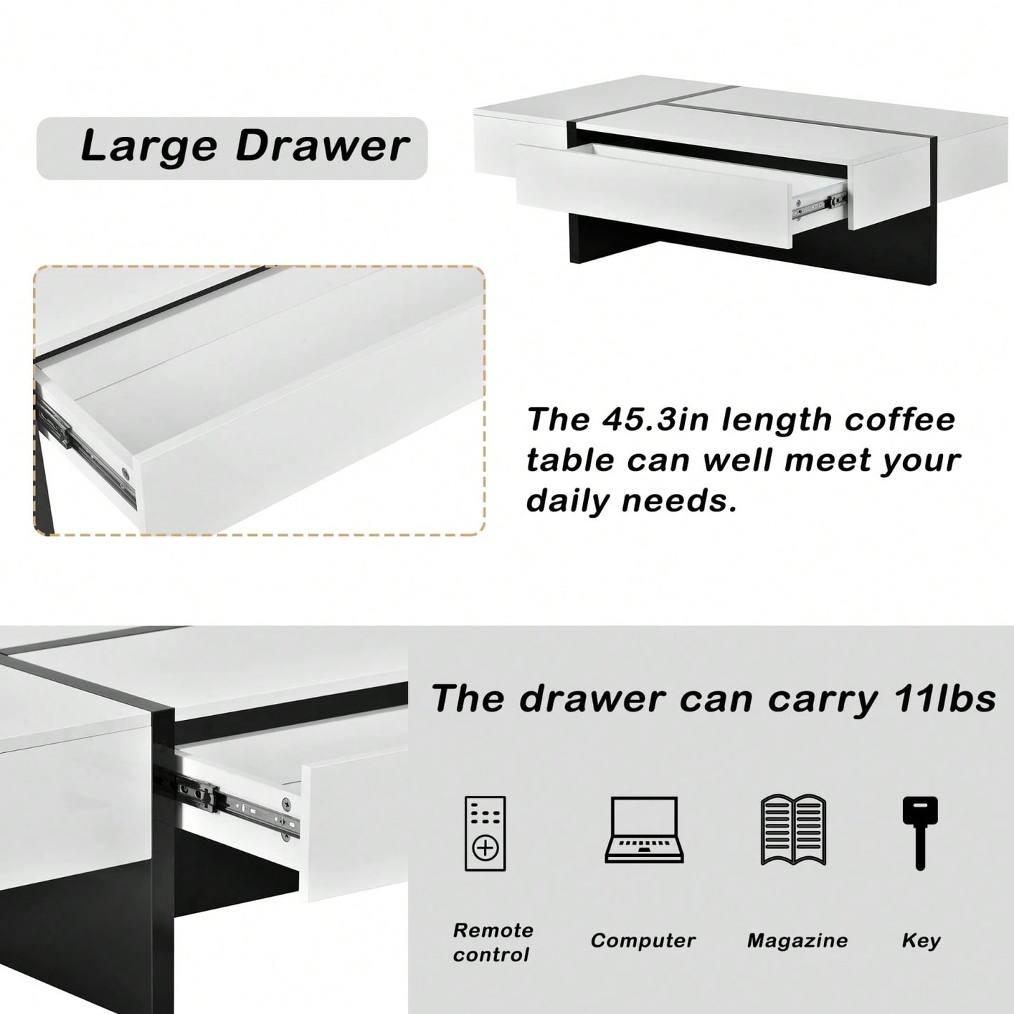 Modern Coffee Table With Drawer, Contemporary Rectangle Cocktail Table With High Gloss Finish For Living Room, 45 Inch