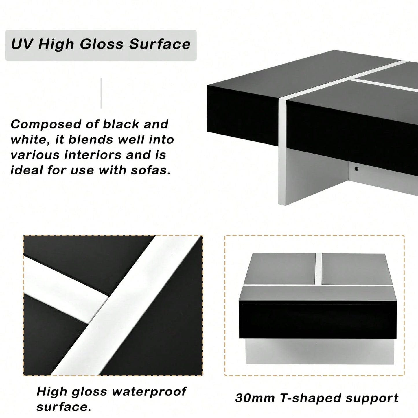 Modern Coffee Table With Drawer, Contemporary Rectangle Cocktail Table With High Gloss Finish For Living Room, 45 Inch