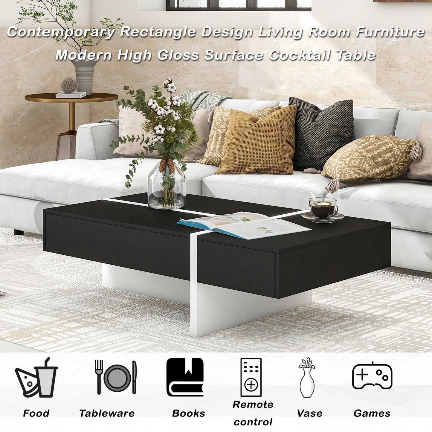 Modern Coffee Table With Drawer, Contemporary Rectangle Cocktail Table With High Gloss Finish For Living Room, 45 Inch