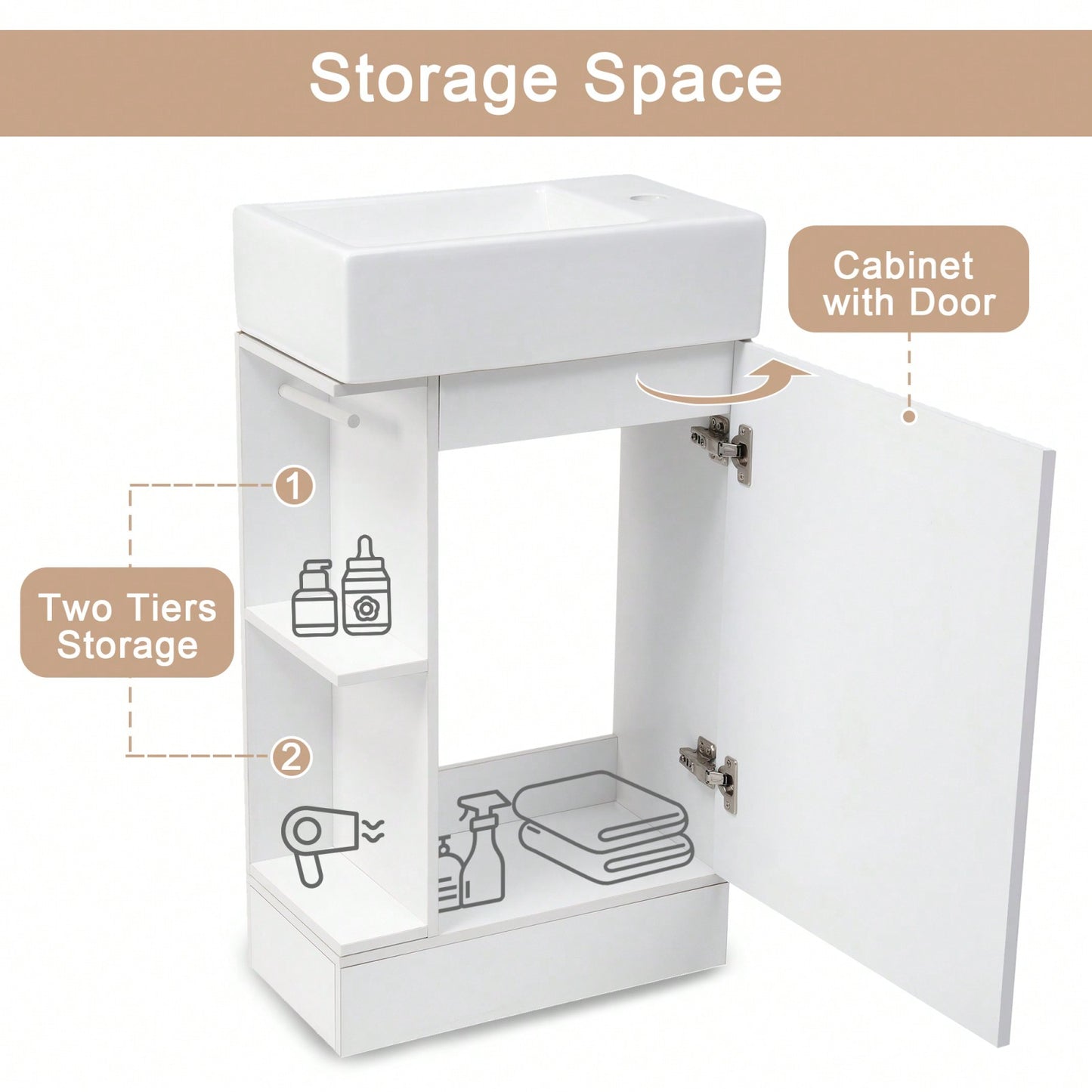 18.6 Inch White Bathroom Vanity with Ceramic Sink and Two-Tier Shelf for Left or Right Orientation