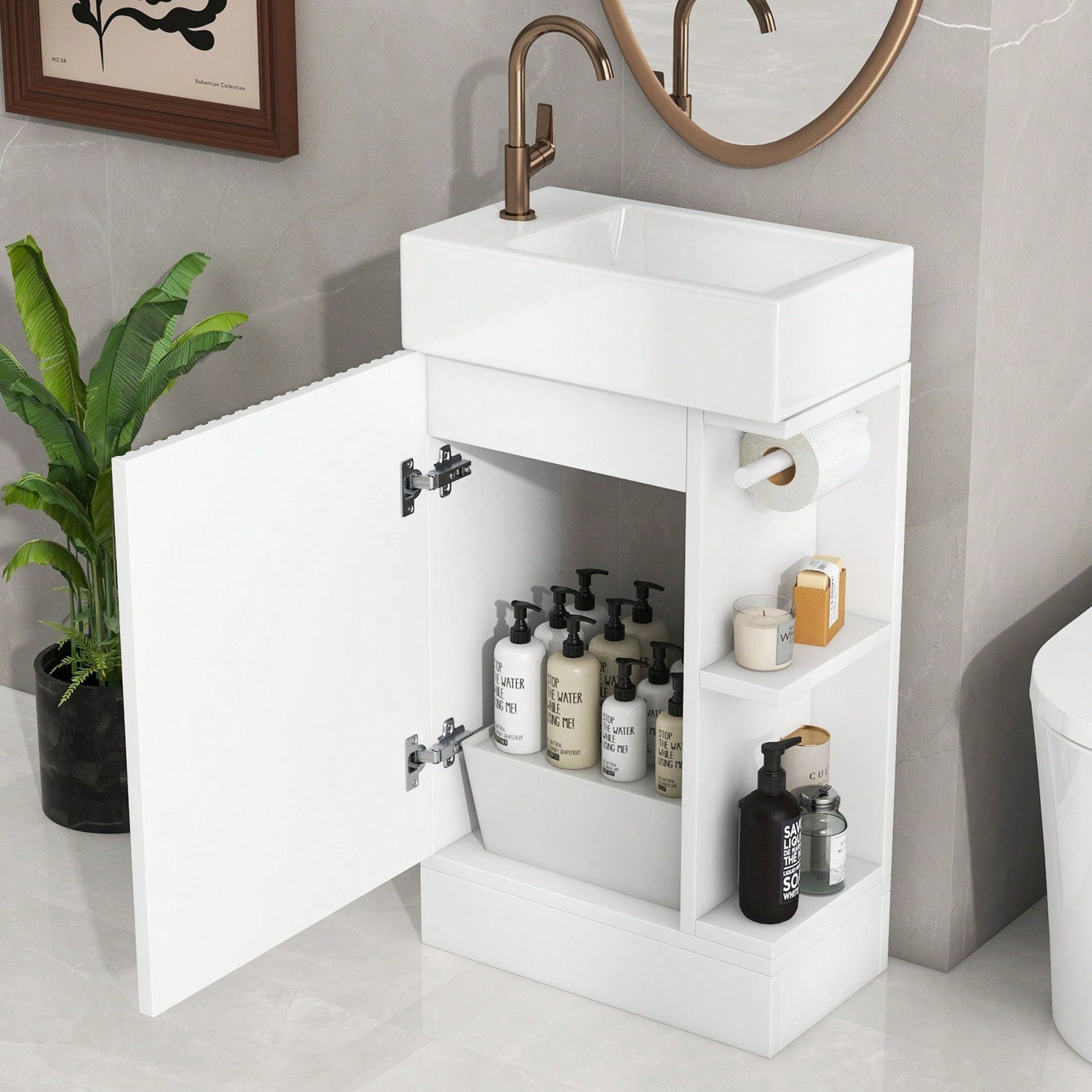 18.6 Inch White Bathroom Vanity with Ceramic Sink and Two-Tier Shelf for Left or Right Orientation