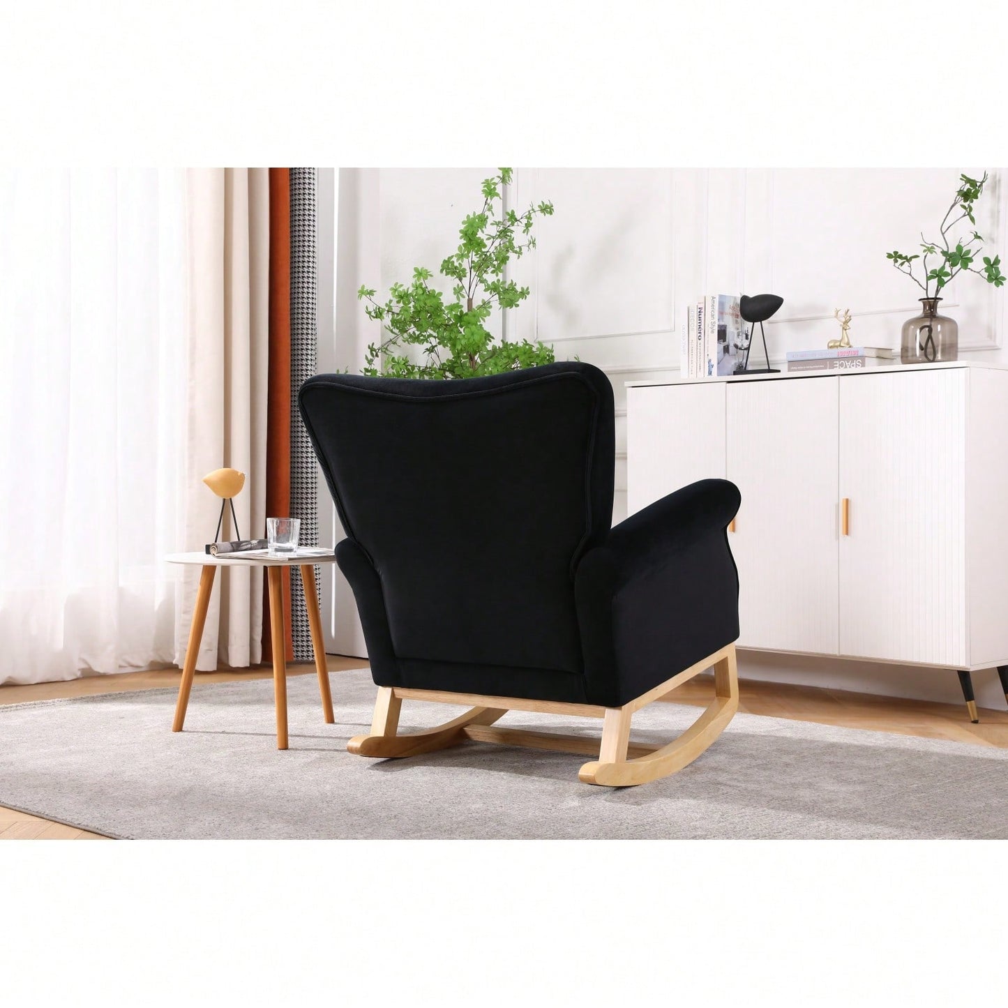 Mid Century Fabric Rocker Chair With Wood Legs And Velvet For Livingroom Bedroom