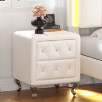 Stylish White PU Leather Nightstand with 2 Drawers Crystal Handles and Metal Legs for Bedroom Living Room Storage