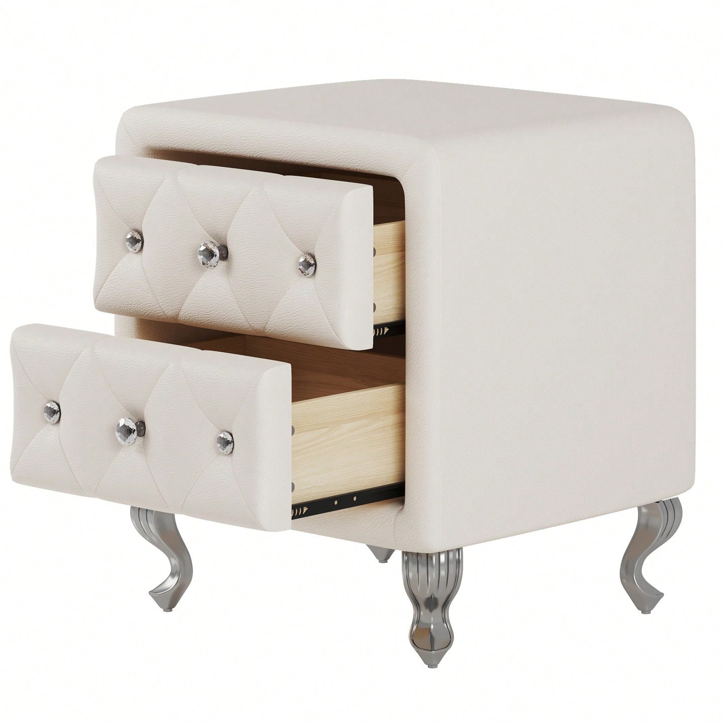 Stylish White PU Leather Nightstand with 2 Drawers Crystal Handles and Metal Legs for Bedroom Living Room Storage