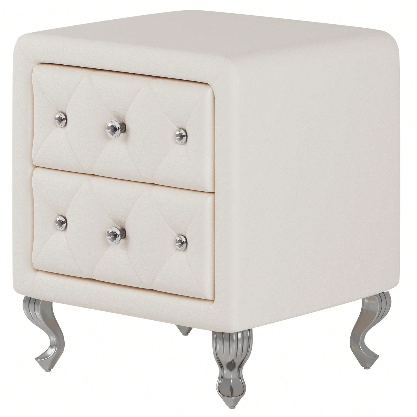 Stylish White PU Leather Nightstand with 2 Drawers Crystal Handles and Metal Legs for Bedroom Living Room Storage