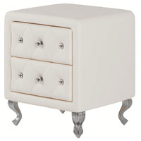 Stylish White PU Leather Nightstand with 2 Drawers Crystal Handles and Metal Legs for Bedroom Living Room Storage