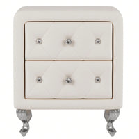 Stylish White PU Leather Nightstand with 2 Drawers Crystal Handles and Metal Legs for Bedroom Living Room Storage