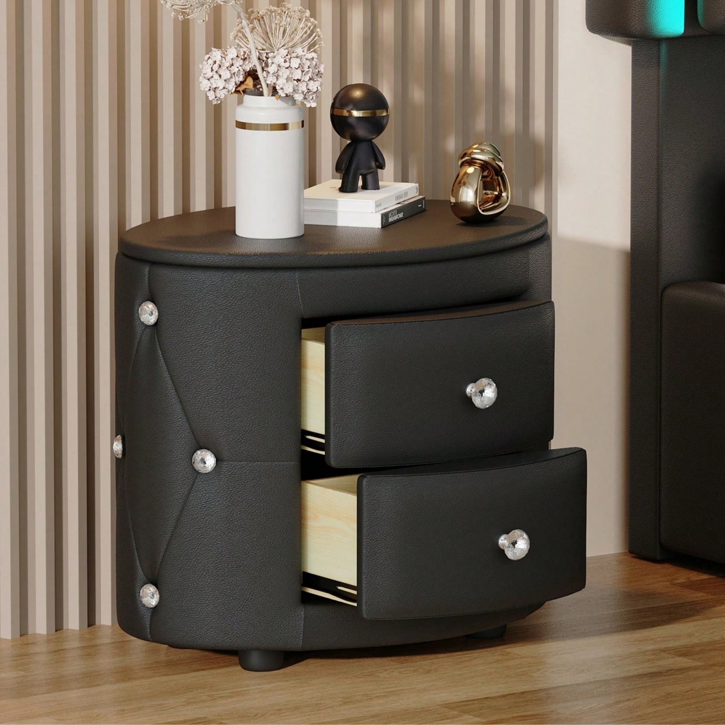 Stylish Black Nightstand with 2 Drawers and Crystal Handles Easy Assembly Bedside Table for Bedroom and Living Room