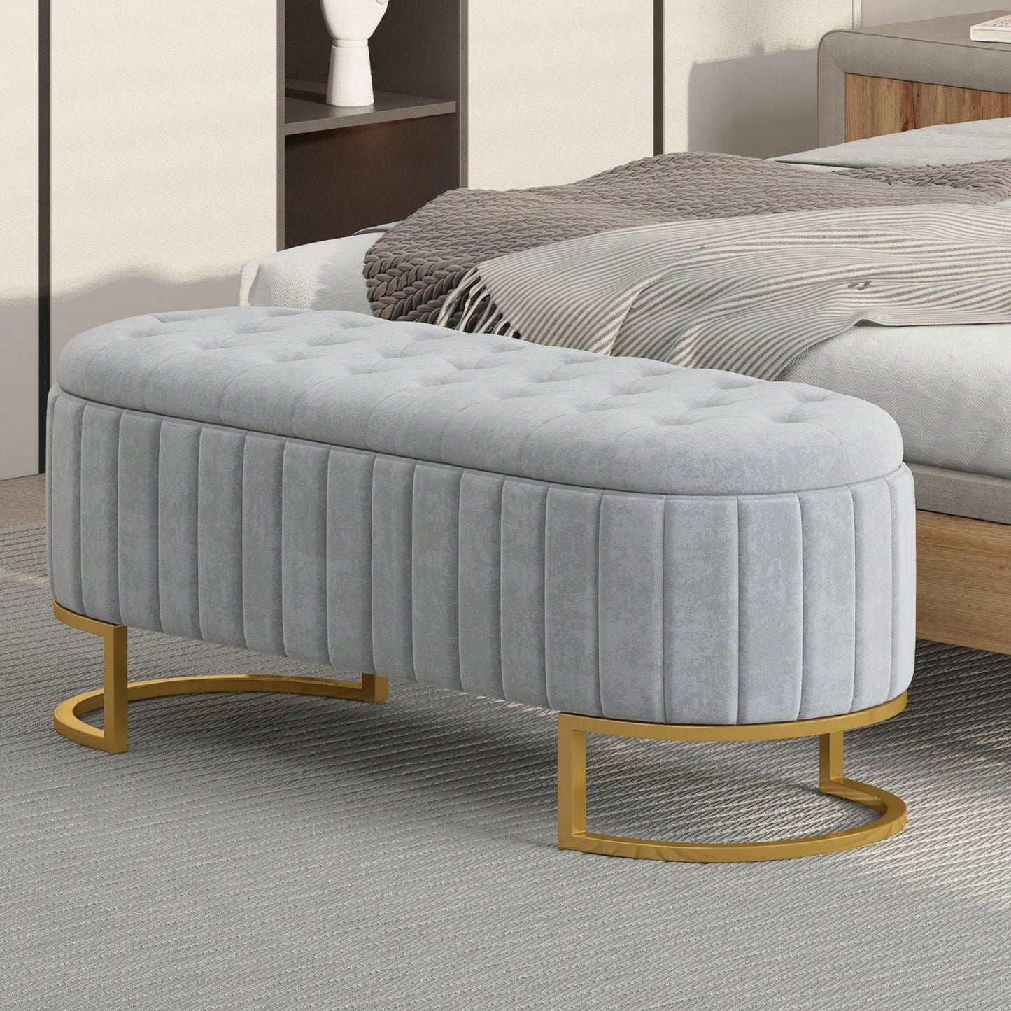 Velvet Tufted Storage Ottoman Bench with Metal Legs for Living Room Bedroom Entryway Grey Fully Assembled