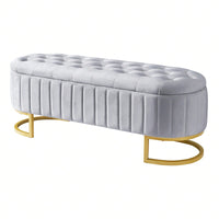 Velvet Tufted Storage Ottoman Bench with Metal Legs for Living Room Bedroom Entryway Grey Fully Assembled