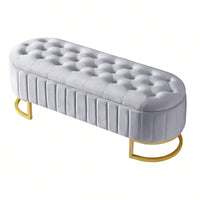 Velvet Tufted Storage Ottoman Bench with Metal Legs for Living Room Bedroom Entryway Grey Fully Assembled