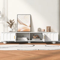 Contemporary 80 Inch TV Stand with Glass Doors and Drawers for Living Room Storage and Cable Management