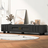 Contemporary 80 Inch TV Stand with Glass Doors and Drawers for Living Room Storage and Cable Management