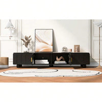 Contemporary 80 Inch TV Stand with Glass Doors and Drawers for Living Room Storage and Cable Management