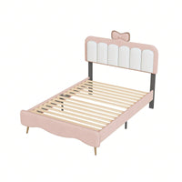 Elegant Twin Velvet Platform Bed Frame with Bow-Knot Detail and Sturdy Wood Slats in White and Pink