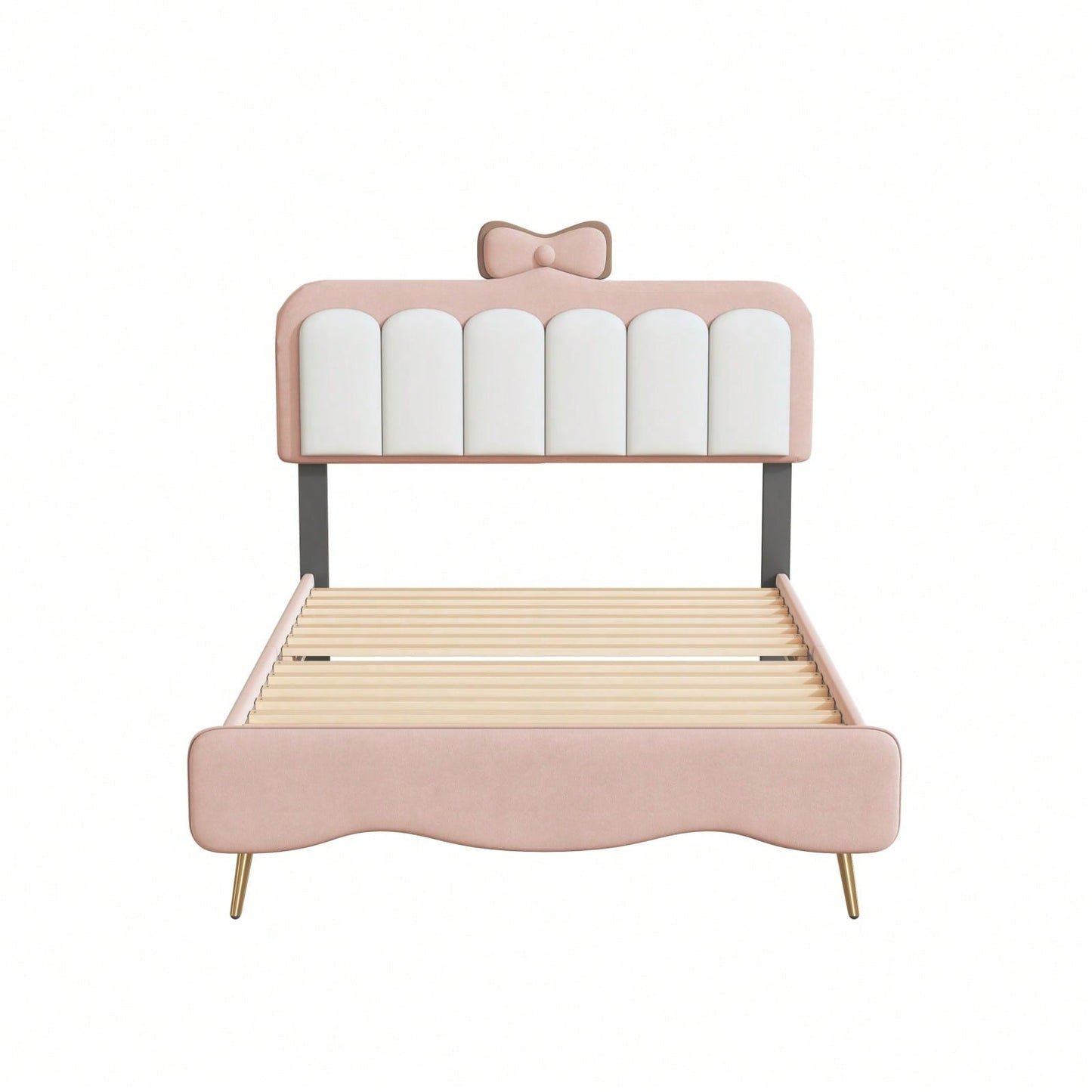 Elegant Twin Velvet Platform Bed Frame with Bow-Knot Detail and Sturdy Wood Slats in White and Pink