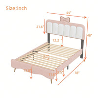 Elegant Twin Velvet Platform Bed Frame with Bow-Knot Detail and Sturdy Wood Slats in White and Pink