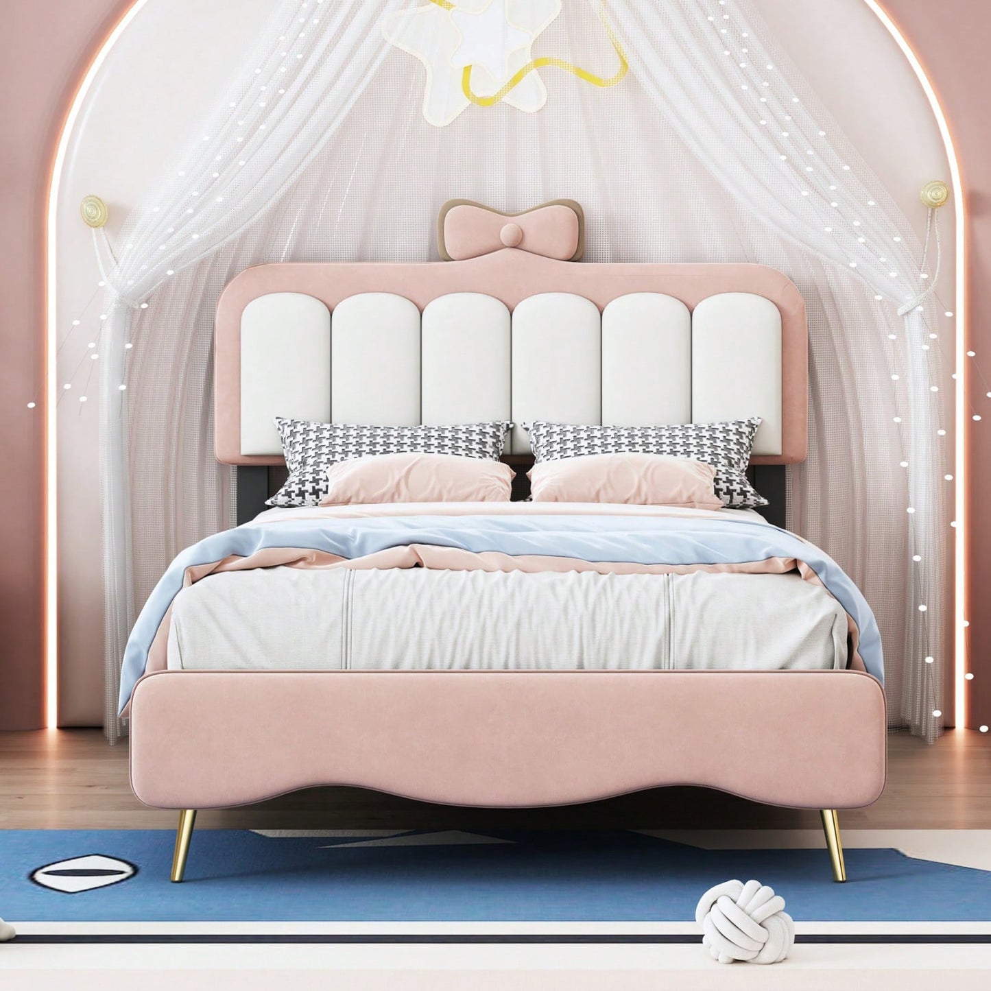 Elegant Twin Velvet Platform Bed Frame with Bow-Knot Detail and Sturdy Wood Slats in White and Pink