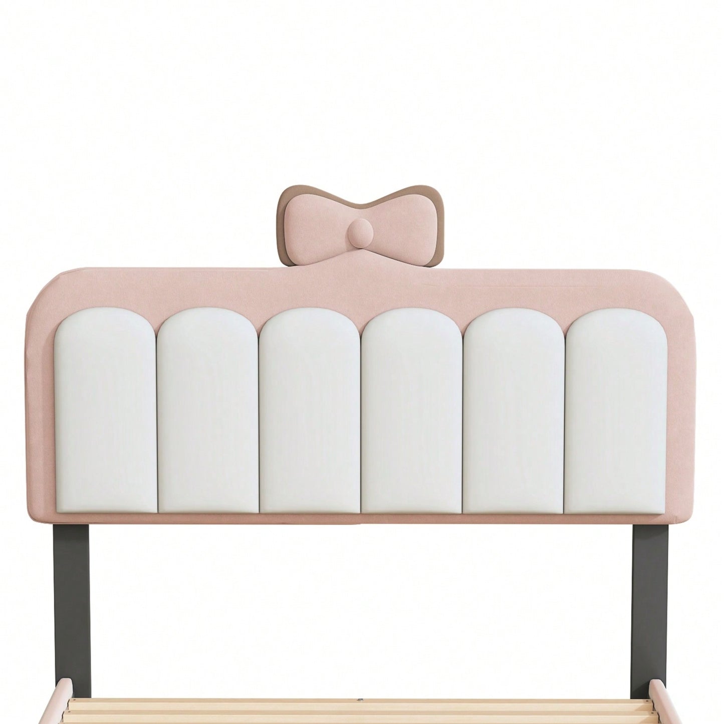 Elegant Twin Velvet Platform Bed Frame with Bow-Knot Detail and Sturdy Wood Slats in White and Pink