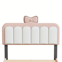 Elegant Twin Velvet Platform Bed Frame with Bow-Knot Detail and Sturdy Wood Slats in White and Pink