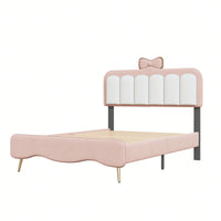 Elegant Twin Velvet Platform Bed Frame with Bow-Knot Detail and Sturdy Wood Slats in White and Pink