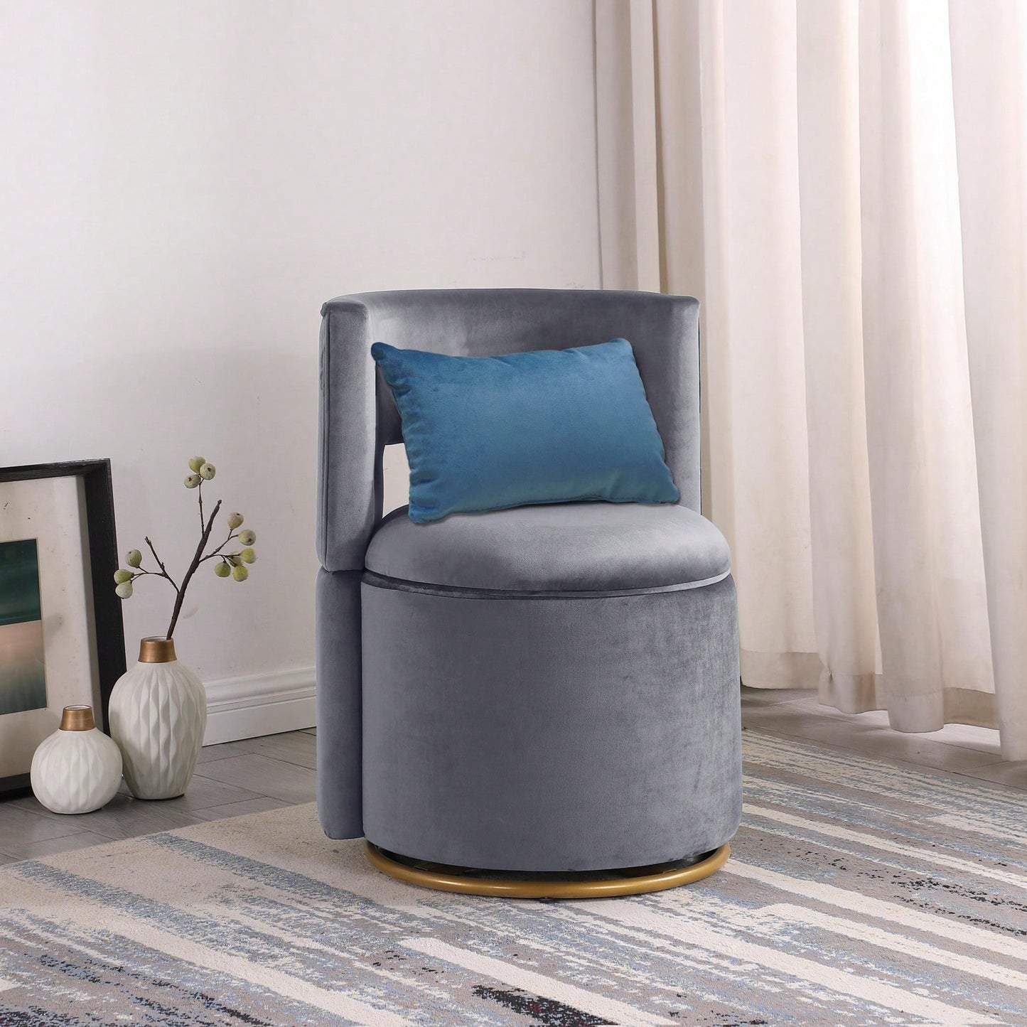 360° Swivel Accent Chair With Storage Function, Velvet Curved Chair With Gold Metal Base For Living Room, Nursery, Bedroom