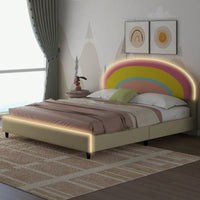 Full Size Platform Bed Frame With Adjustable Rainbow Headboard, LED Lights, And Wood Slat Support - No Box Spring Needed - Beige Upholstery