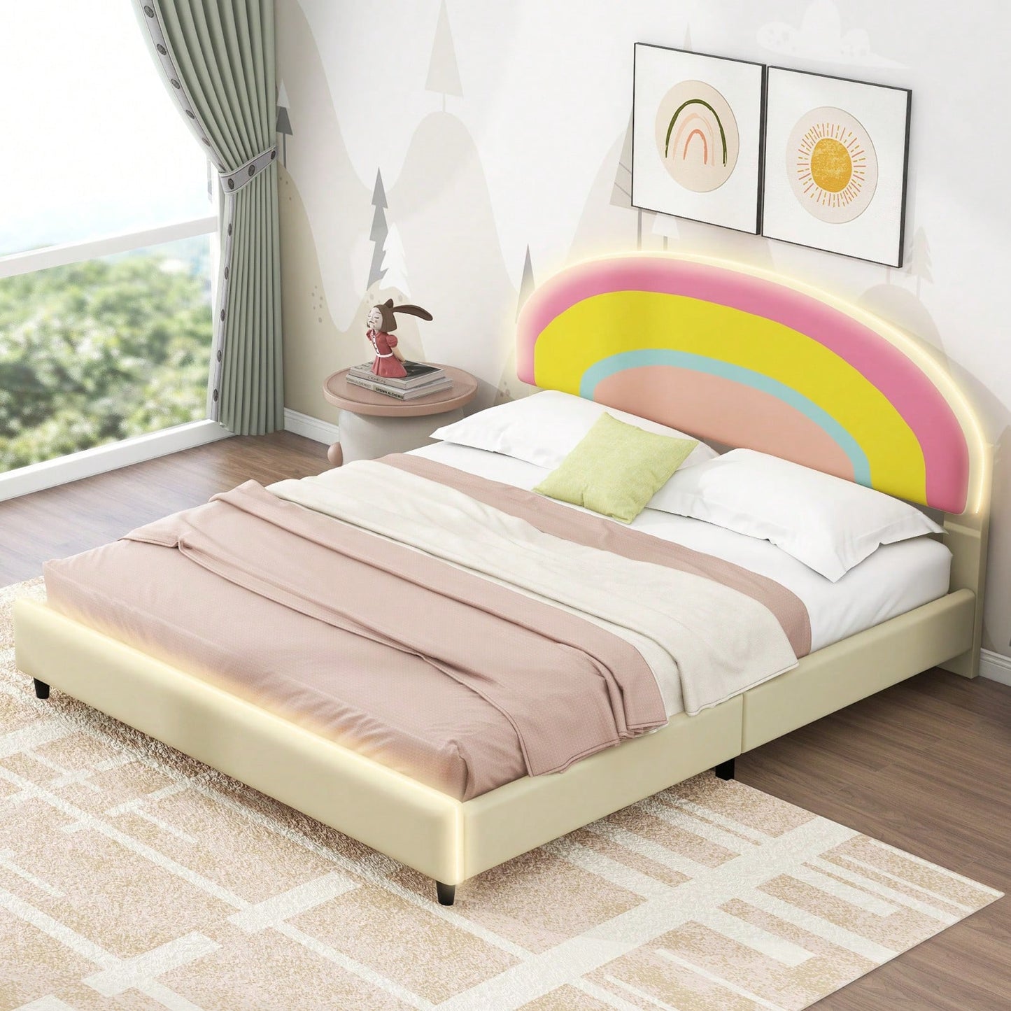 Full Size Platform Bed Frame With Adjustable Rainbow Headboard, LED Lights, And Wood Slat Support - No Box Spring Needed - Beige Upholstery