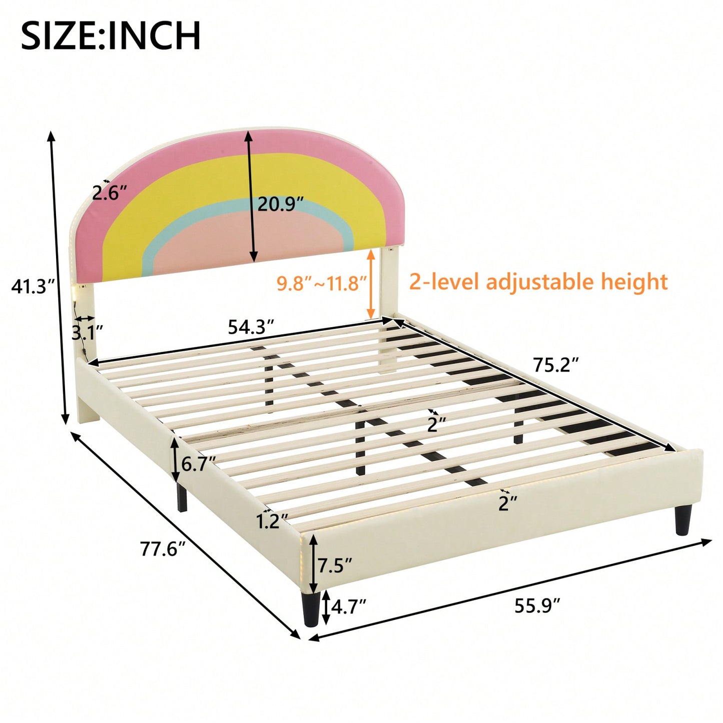 Full Size Platform Bed Frame With Adjustable Rainbow Headboard, LED Lights, And Wood Slat Support - No Box Spring Needed - Beige Upholstery