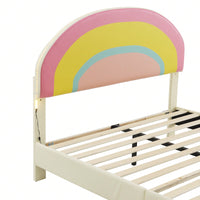 Full Size Platform Bed Frame With Adjustable Rainbow Headboard, LED Lights, And Wood Slat Support - No Box Spring Needed - Beige Upholstery