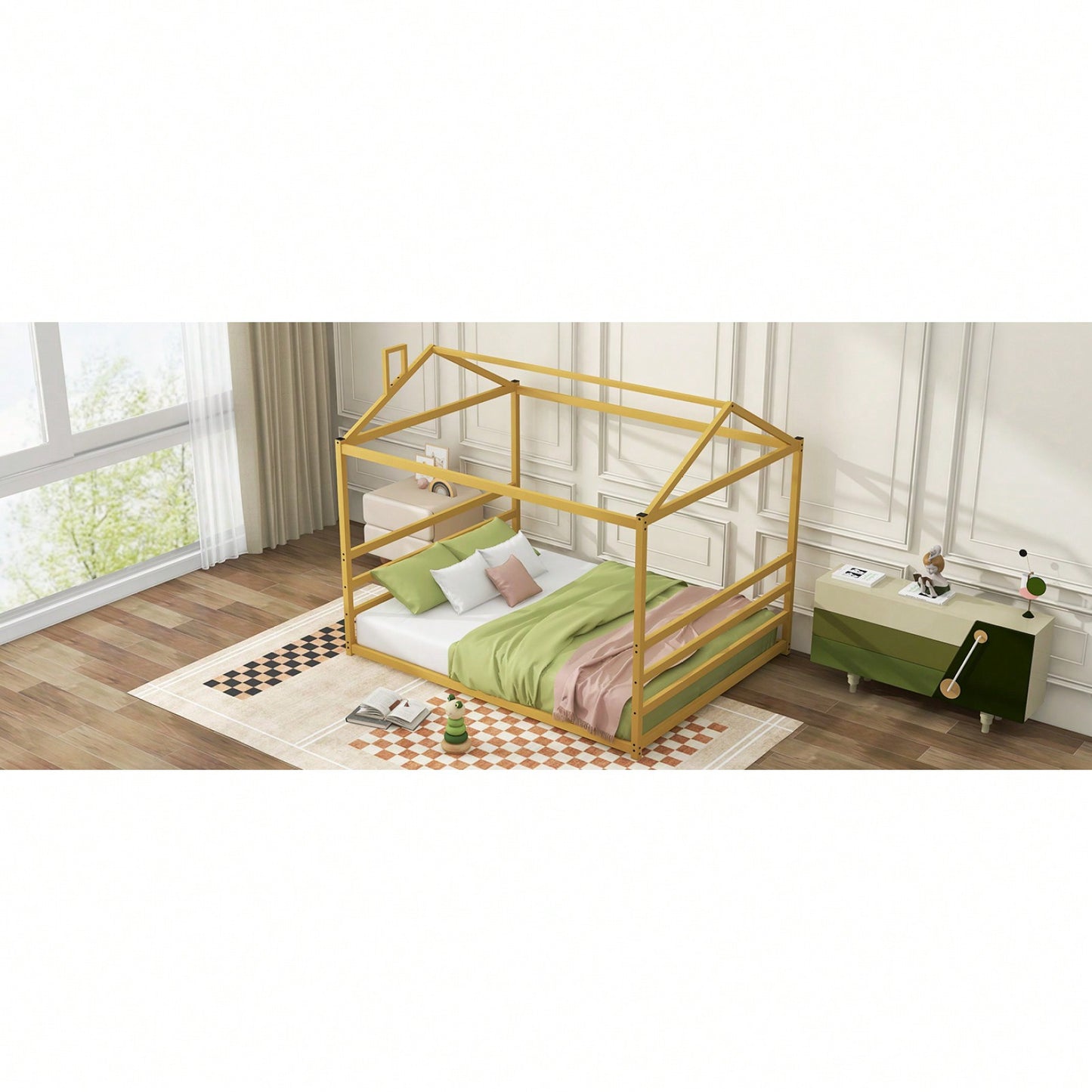 Modern Metal Platform Bed Frame With House-Shaped Design For Kids & Adults, Queen Size, No Box Spring Needed, Easy Assembly, Gold